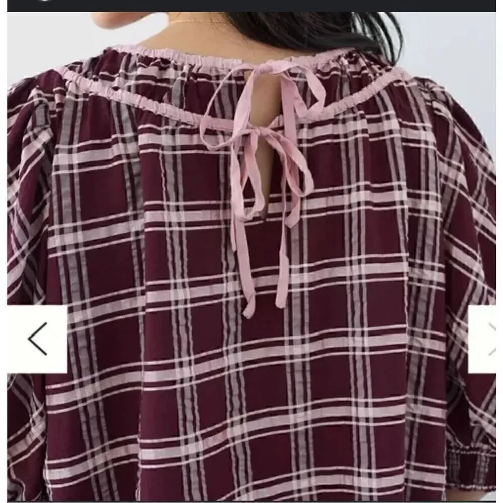 Find Me Now Anthropologie kady plaid puff sleeve blouse M